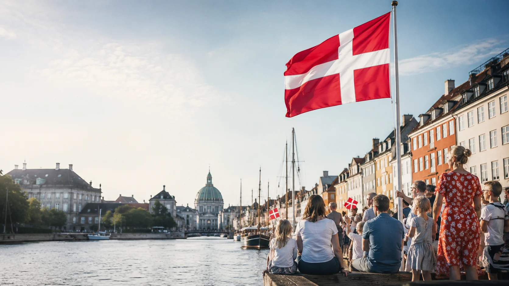 Dannebrog ved Københavns havn med mennesker samlet ved vandet