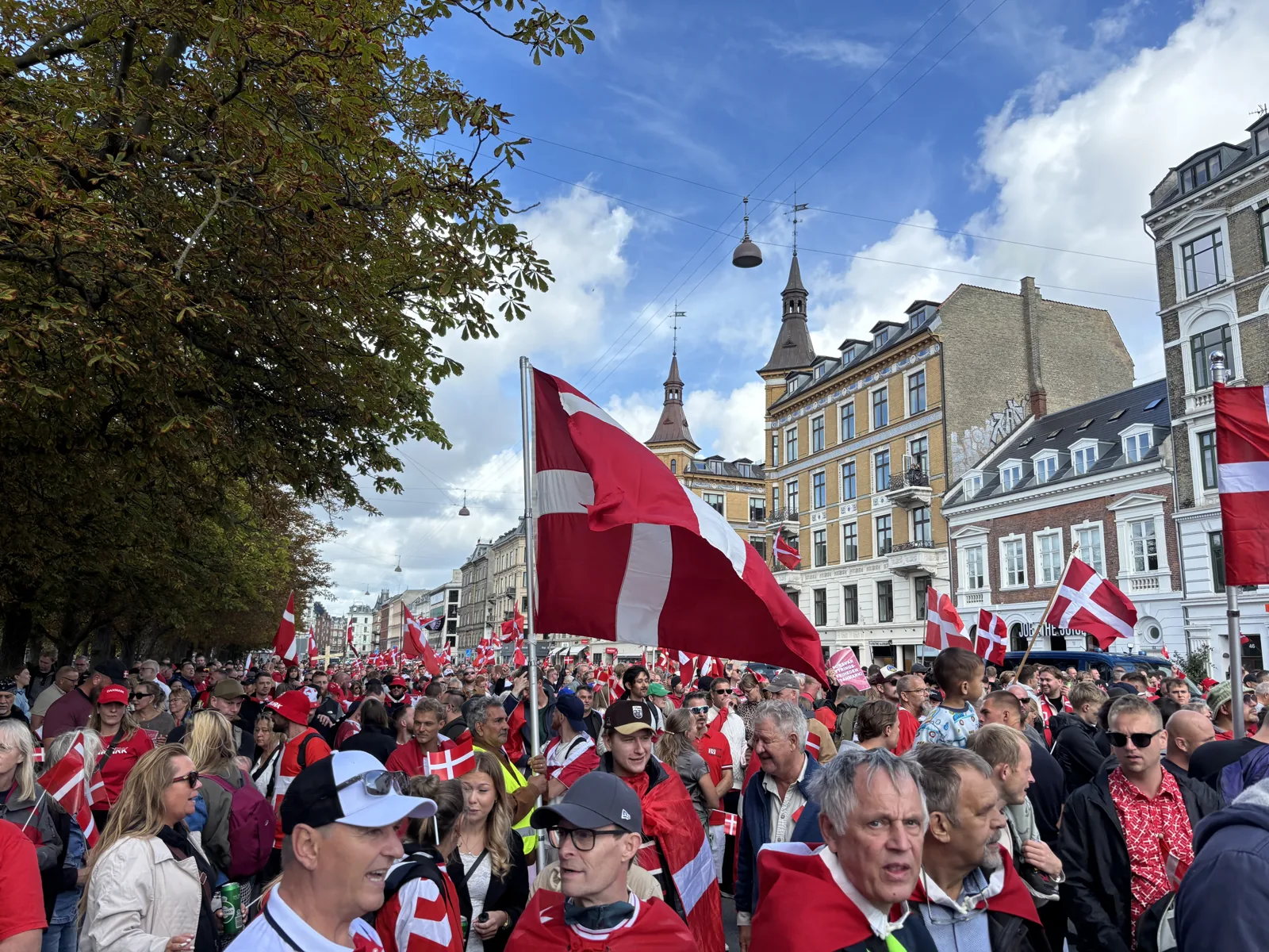 Dannebrog over deltagere i optoget i København